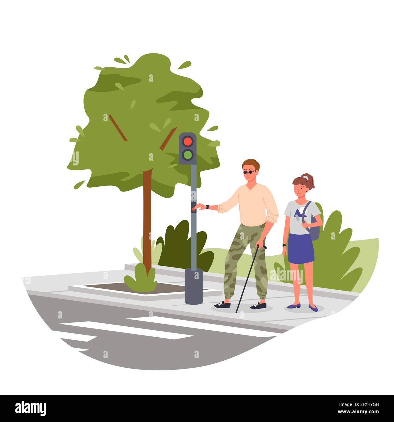 Uomo cieco disabile sul crosswalk di strada, personaggio portatore di handicap bastone canna, a piedi Illustrazione Vettoriale