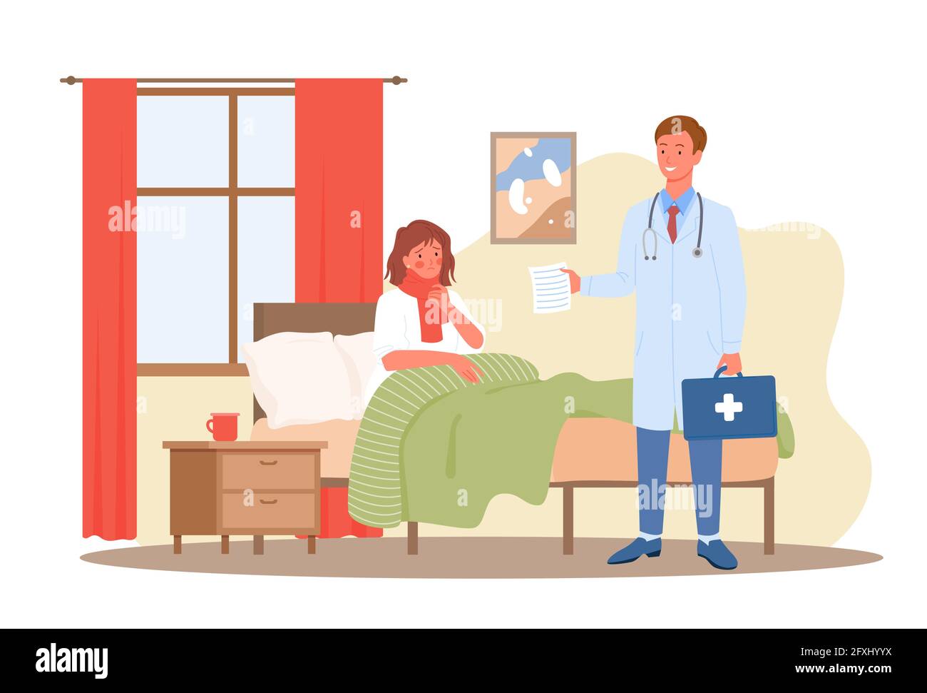 Visita medica, concetto di servizio medico-sanitario diagnostico con paziente malato a letto Illustrazione Vettoriale