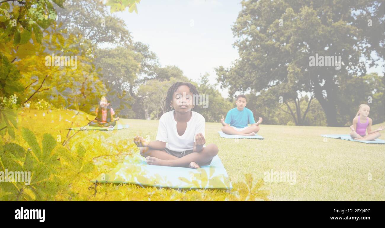 Composizione dei bambini che praticano lo yoga sui tappetini per lo yoga nel parco con sovrapposizione ad albero Foto Stock