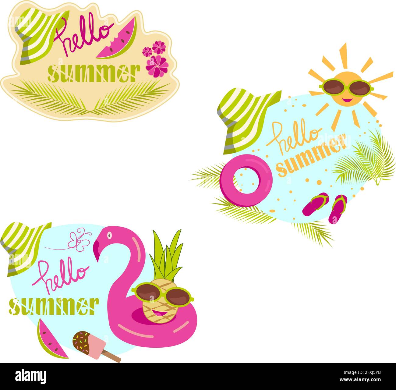 Set di composizioni estive trasparenti isolate con accessori da spiaggia disegnati In un cartone animato stile piatto e Ciao estate tipografia Illustrazione Vettoriale