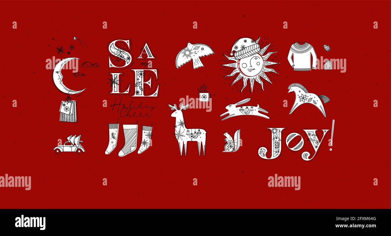 Allegro natale simboli vendita scritta, festa di gioia e sole illustrato con cappello e luna con regalo, coppa, cavallo, cervo, coniglio, cappello, guanto, tirare Illustrazione Vettoriale