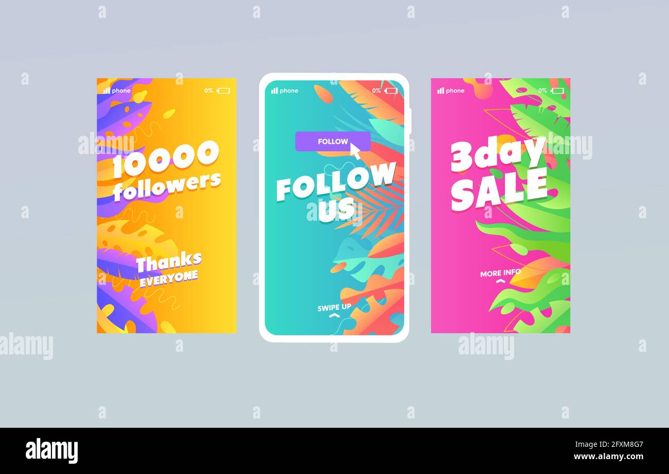 Sfondo trendy multicolore con foglia e modello di palma per storie, streaming, blog personale, negozio di copertina. Promozione, Seguici, vendita, seguaci Illustrazione Vettoriale