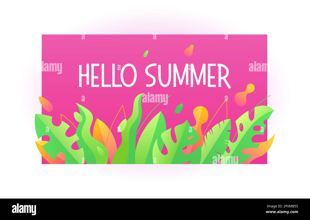 Frase Ciao Estate. Ciao poster estivo con testo, decorazione a foglia tropica. Elemento paradiso estivo per l'invito alla festa, stampa il disegno Illustrazione Vettoriale