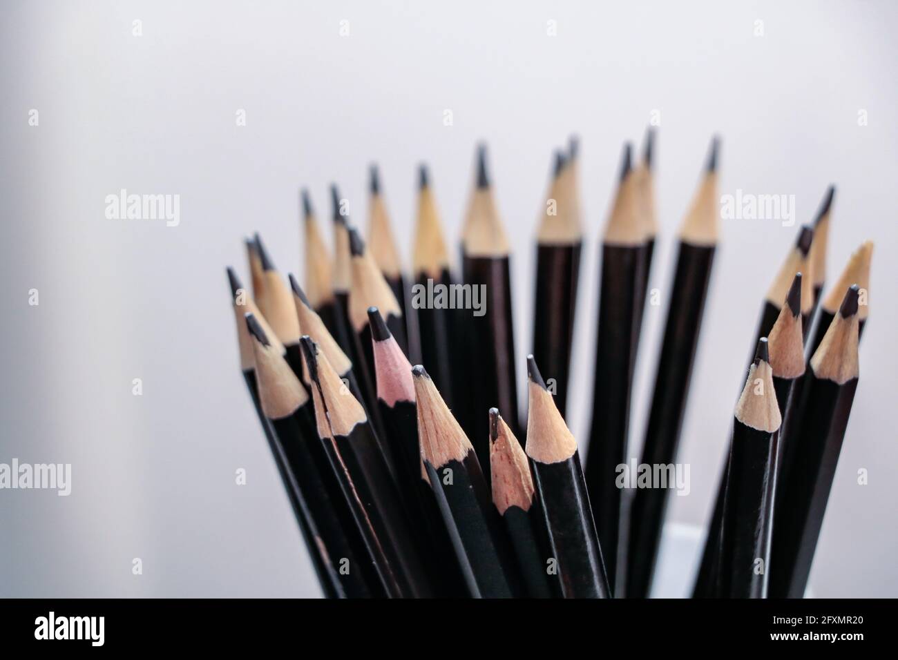 Set con diverse matite nere con diverse punte disposte in una forma circolare Foto Stock