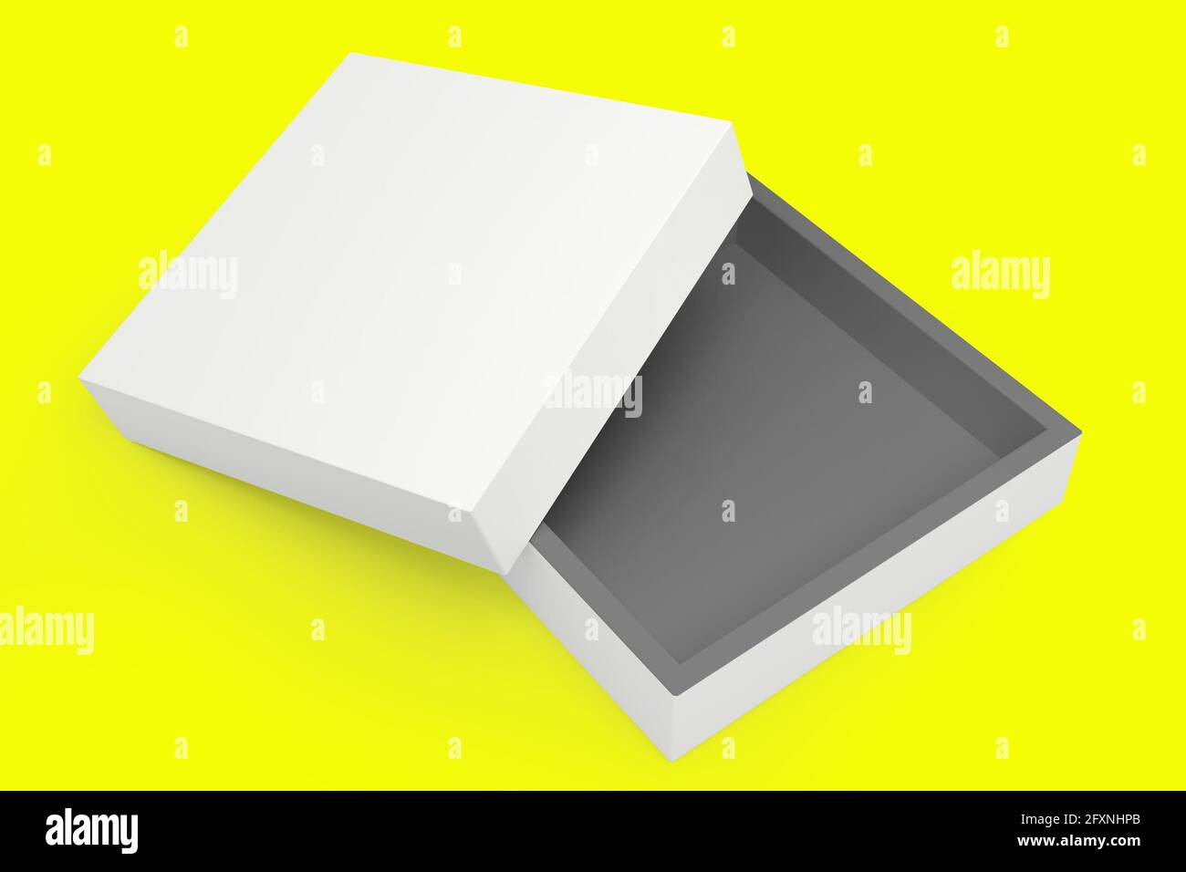 Confezione regalo di carta. Riquadro bianco quadrato su sfondo giallo. Imballaggio per mockup. Confezione regalo. rendering 3d. Foto Stock