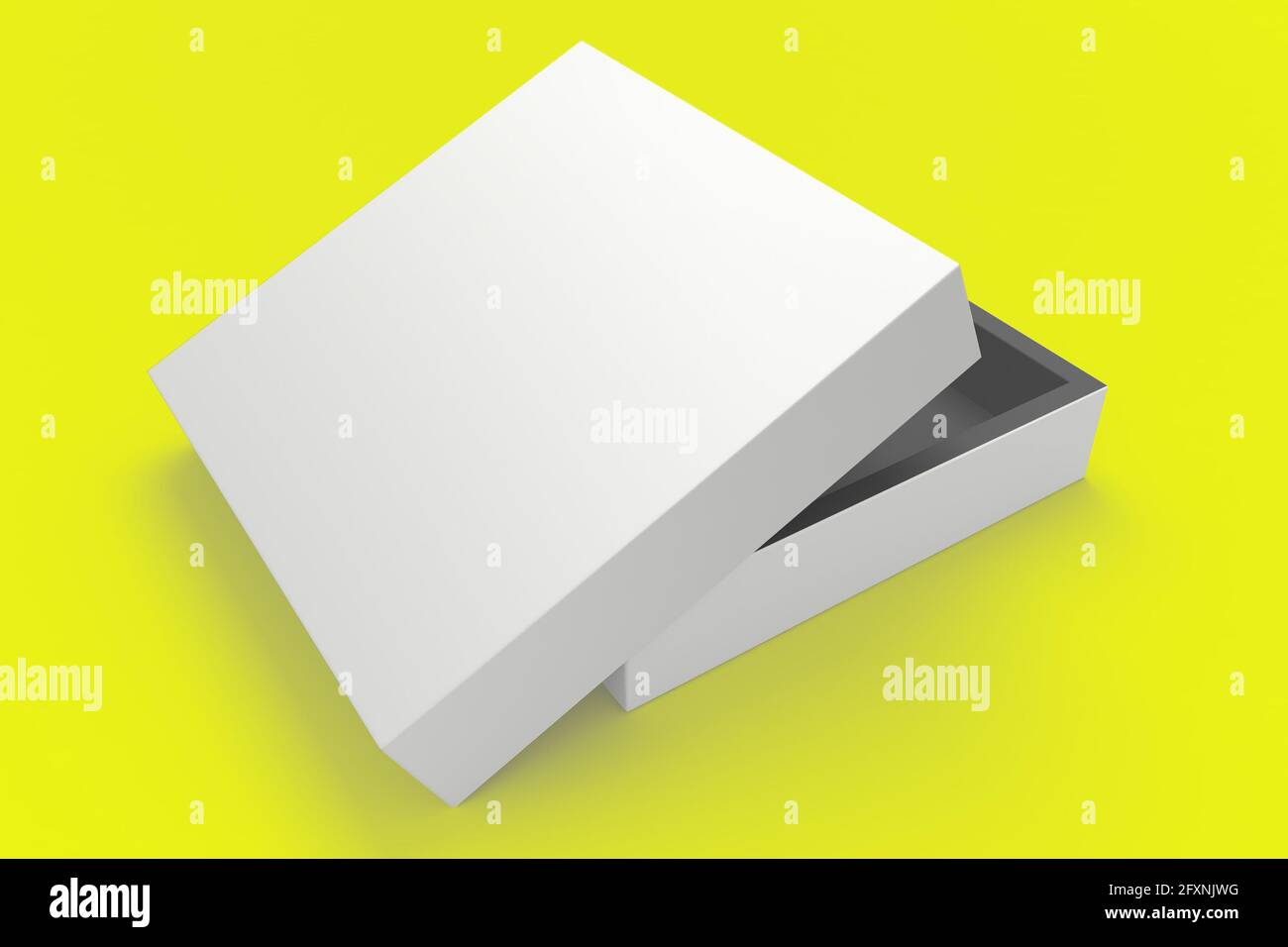 Confezione regalo di carta. Riquadro bianco quadrato su sfondo giallo. Imballaggio per mockup. Confezione regalo. rendering 3d. Foto Stock