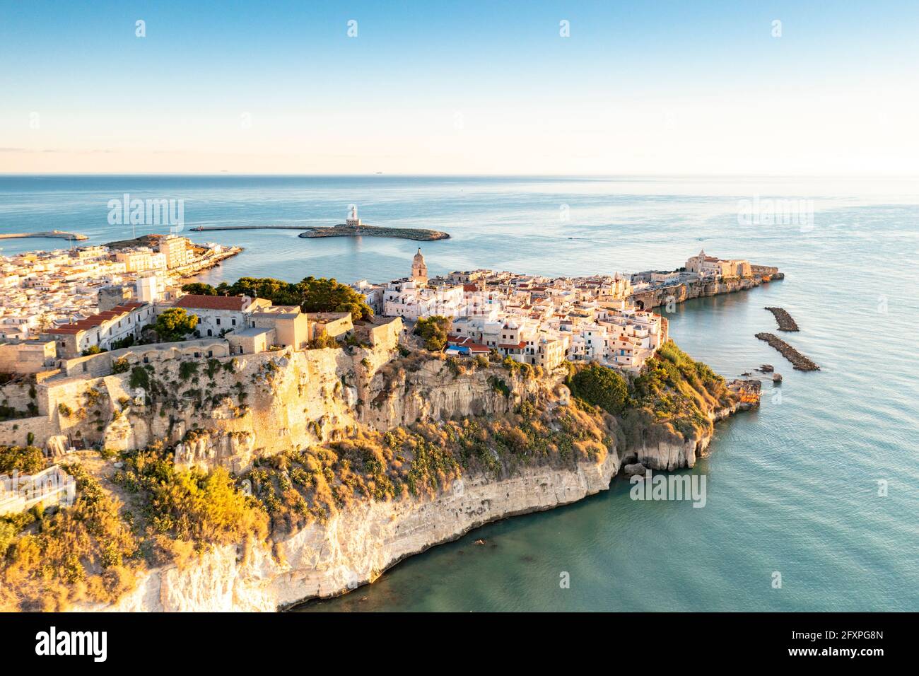 Centro storico di Vieste arroccato sulle scogliere all'alba, vista aerea, provincia di Foggia, Parco Nazionale del Gargano, Puglia, Italia, Europa Foto Stock