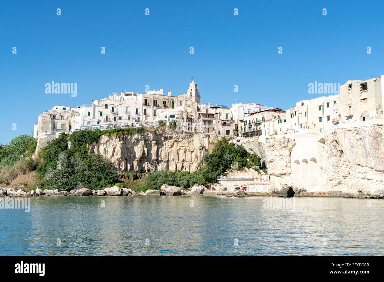 Case bianche e chiesa di San Francesco sulle scogliere, Vieste, provincia di Foggia, Parco Nazionale del Gargano, Puglia, Italia, Europa Foto Stock