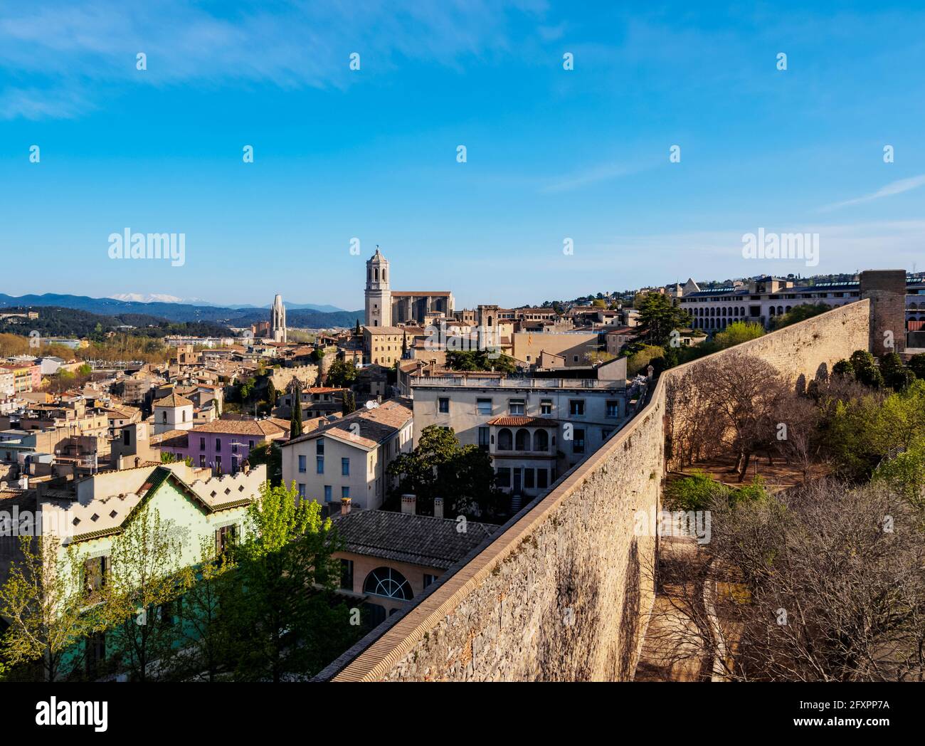 Skyline della città vecchia con la cattedrale vista dalle mura della città, Girona (Gerona), Catalogna, Spagna, Europa Foto Stock