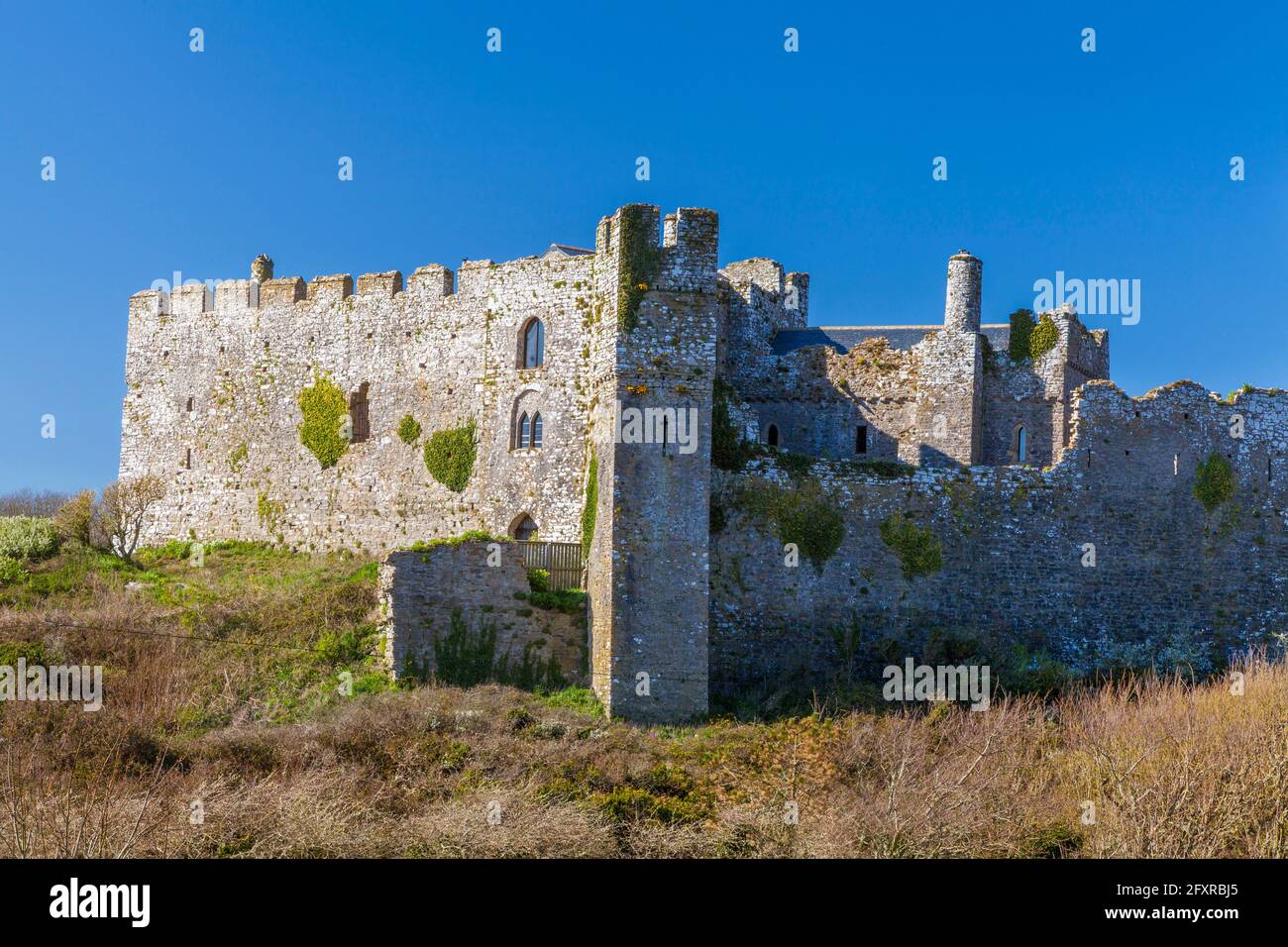 Manorbier Castle, Pembrokeshire, Galles, Regno Unito, Europa Foto Stock