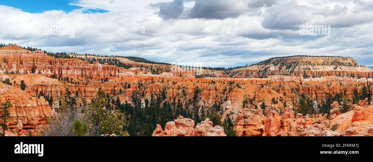 Bryce Canyon, Utah, Stati Uniti. Vista panoramica dell'anfiteatro Bryce con innumerevoli hoodoos sotto un cielo nuvoloso. Foto Stock