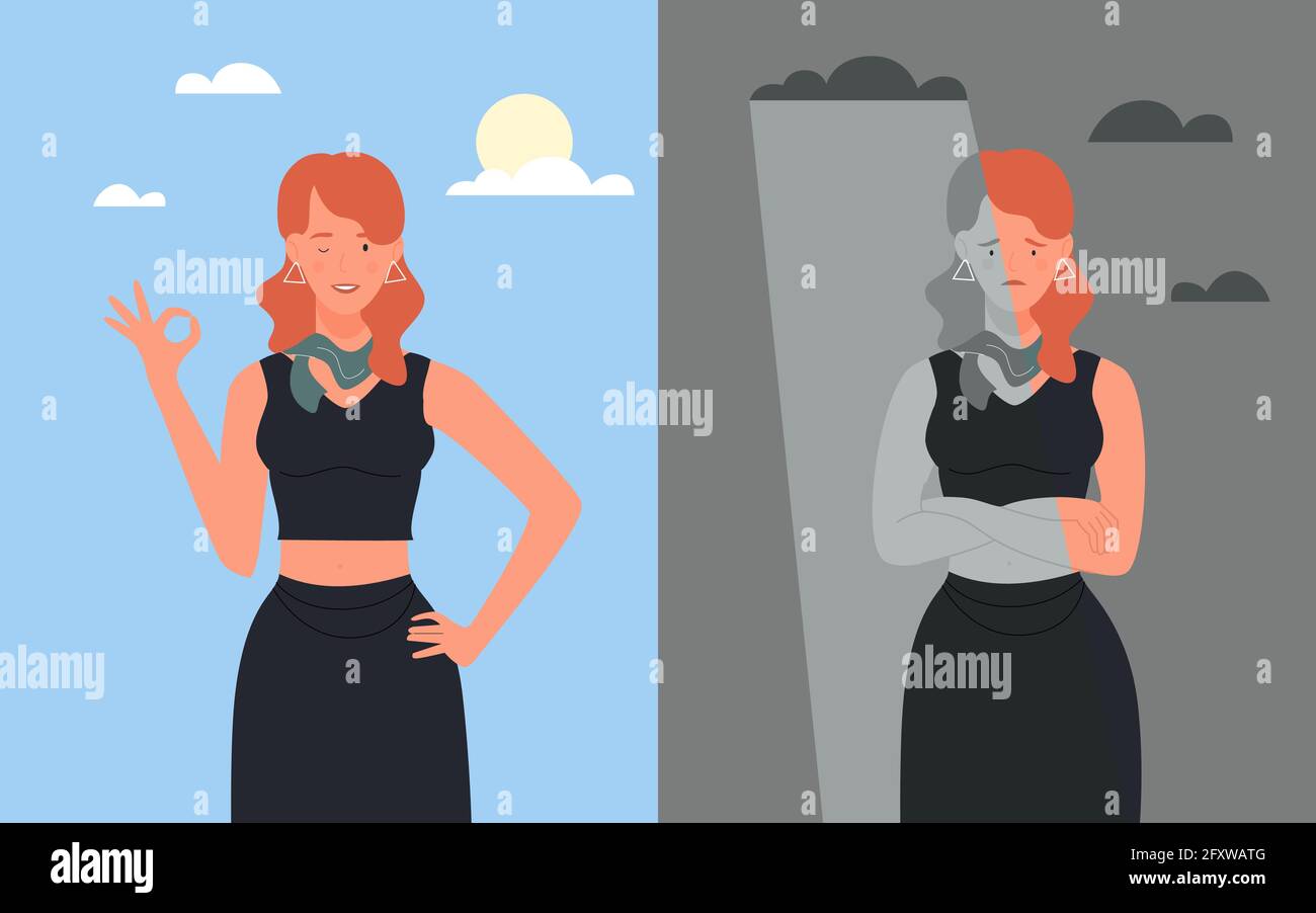 Donna di affari in buona e cattiva illustrazione vettoriale di umore. Cartoon felice donna d'affari alla moda in piedi e sventolando, triste lavoratore d'ufficio ha attraversato le braccia in stress negativo emozione sfondo Illustrazione Vettoriale