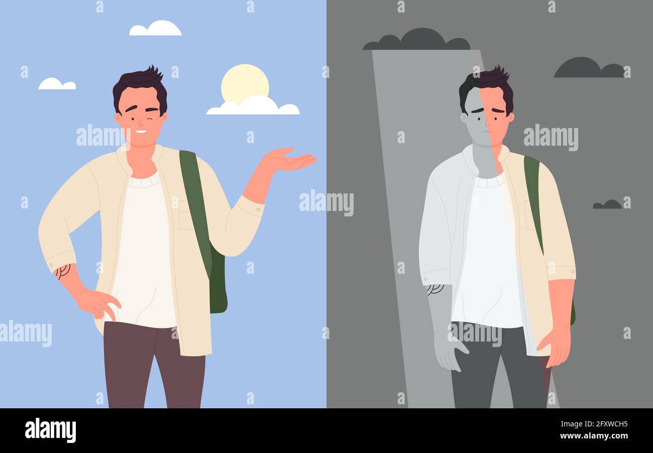 Studente di giovane uomo di buon e cattivo umore, concetto di salute mentale meteo illustrazione vettoriale. Cartoon pessimista carattere infelice e felice teenager ottimista, positivo e negativo pensiero sfondo Illustrazione Vettoriale