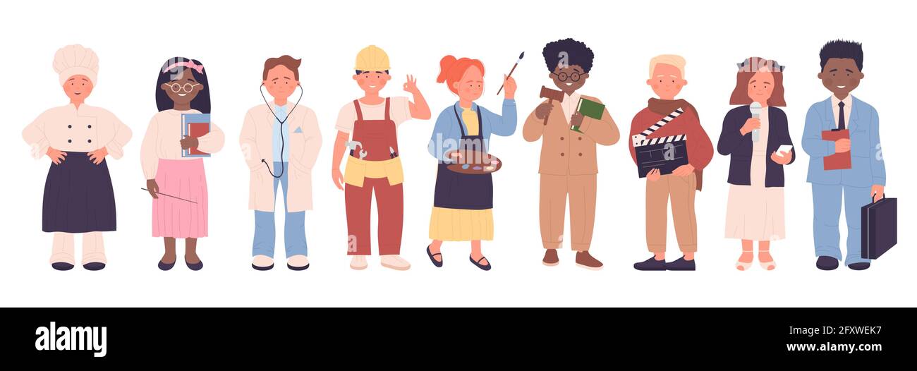 Bambini di diverse professioni, bambini professionali set di illustrazioni vettoriali. Cartone animato divertente ragazzo ragazza bambini personaggi in piedi, chef insegnante medico lavoratore artista cantante businessman isolato su bianco Illustrazione Vettoriale