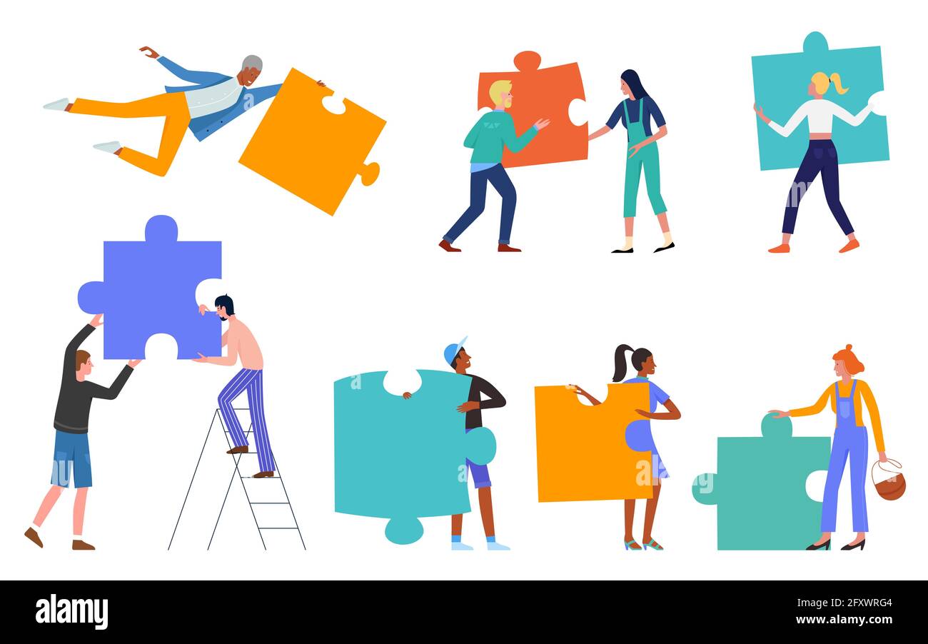 Le persone tengono puzzle puzzle, concetto di sfida vettore illustrazione set. Cartoon uomo donna personaggi tenendo colorati pezzi di puzzle per collegare le parti, i partner raggiungere l'obiettivo aziendale isolato su bianco Illustrazione Vettoriale