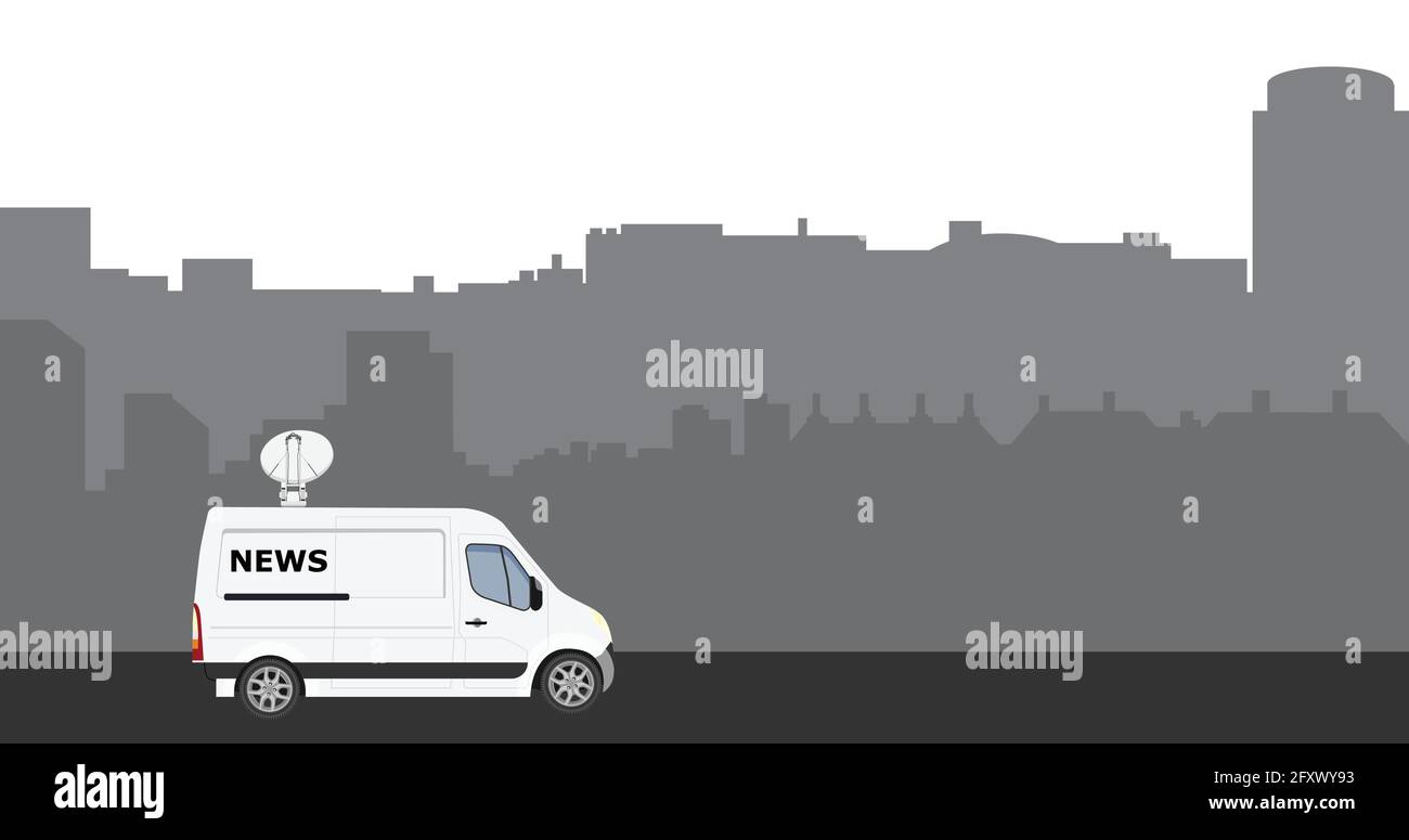 TV News auto con attrezzature sul tetto. News auto, van città skyline  sfondo Immagine e Vettoriale - Alamy