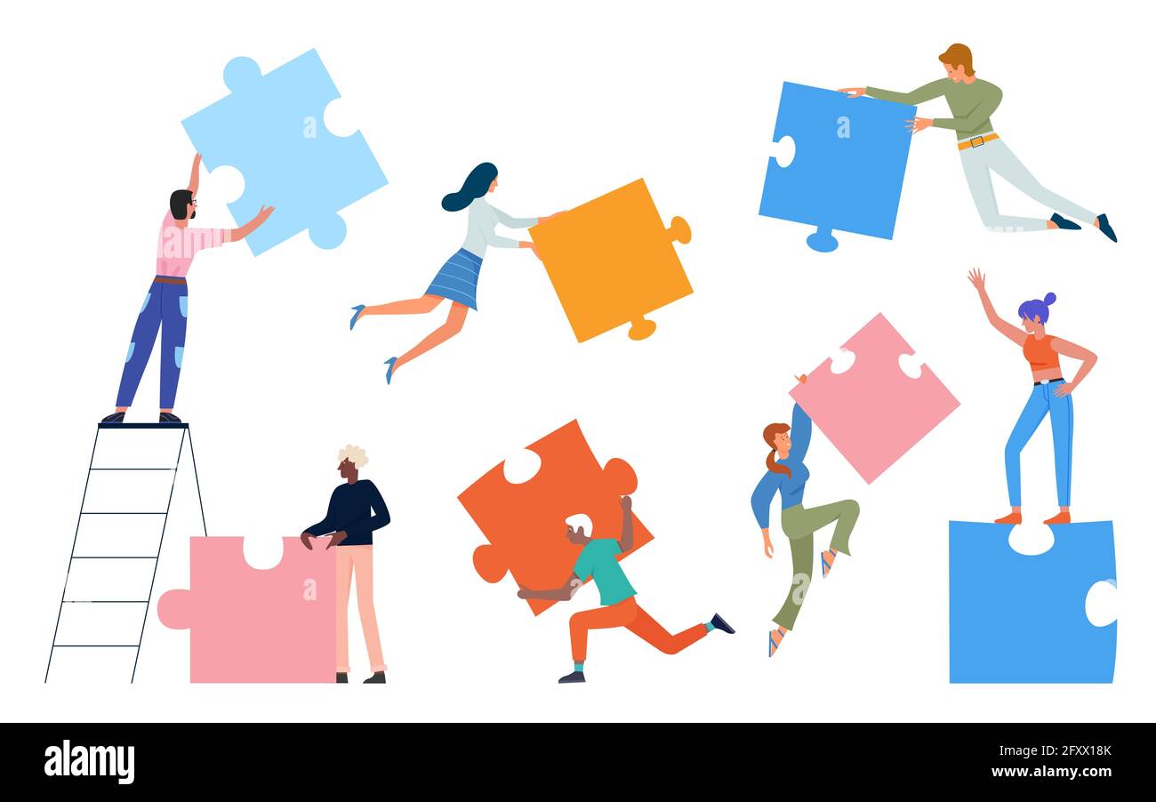 Persone con illustrazione vettoriale concetto puzzle. Cartone animato uomo donna gruppo di personaggi in abbigliamento casual, tenendo pezzi puzzle puzzle, in piedi e comunicando, comunicazione isolata su bianco Illustrazione Vettoriale