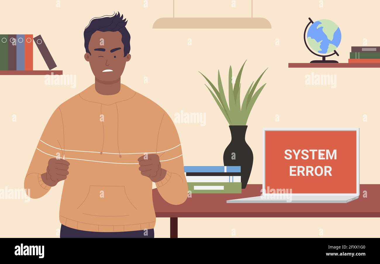 Illustrazione vettoriale di Office worker e computer rotto. Cartoon arrabbiato afroamericano personaggio che guarda errore finestra di avvertimento della morte sullo schermo del pc, dipendente frustrato ha problemi di software di sfondo Illustrazione Vettoriale