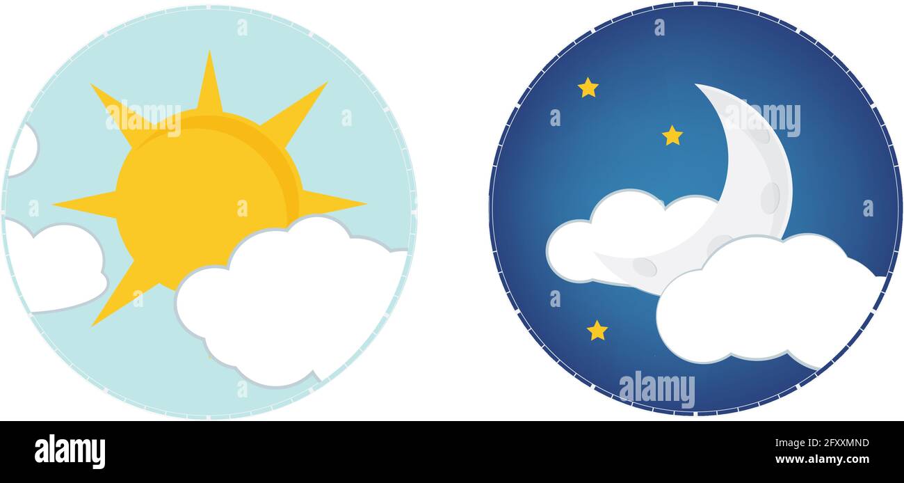 Illustrazione Vettoriale di giorno e di notte. Giorno notte concetto, il sole e la luna, giorno icona di notte Illustrazione Vettoriale