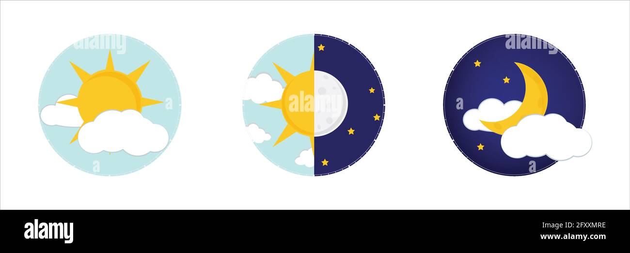 Illustrazione Vettoriale di giorno e di notte. Giorno notte concetto, il sole e la luna, giorno icona di notte Illustrazione Vettoriale
