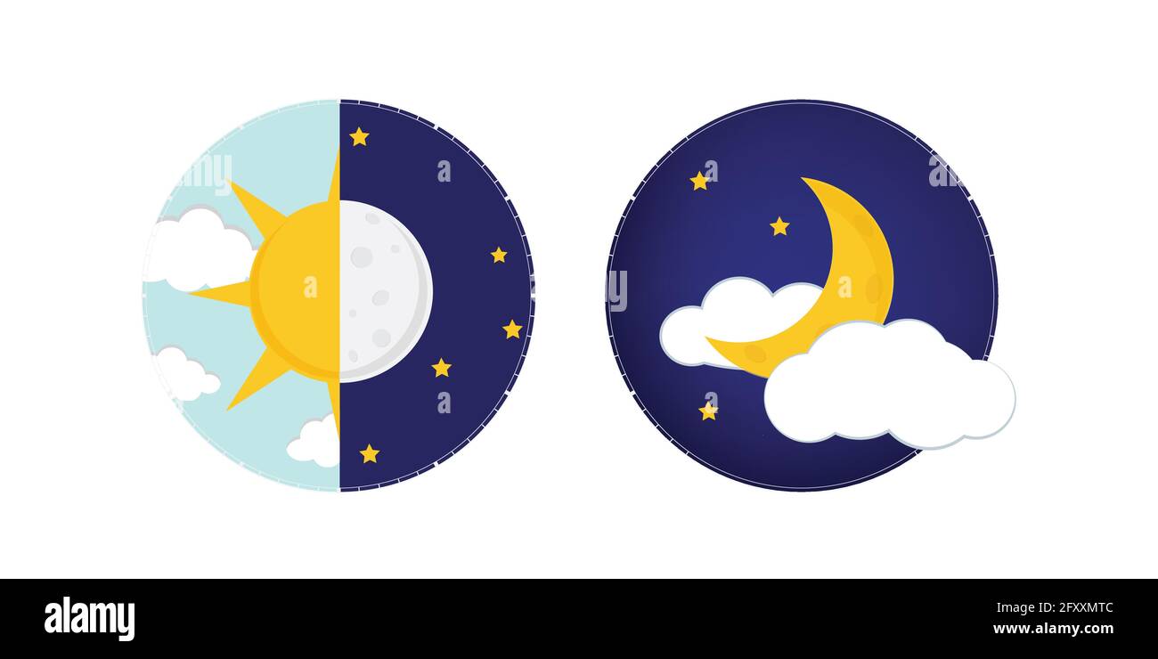 Illustrazione Vettoriale di giorno e di notte. Giorno notte concetto, il sole e la luna, giorno icona di notte Illustrazione Vettoriale