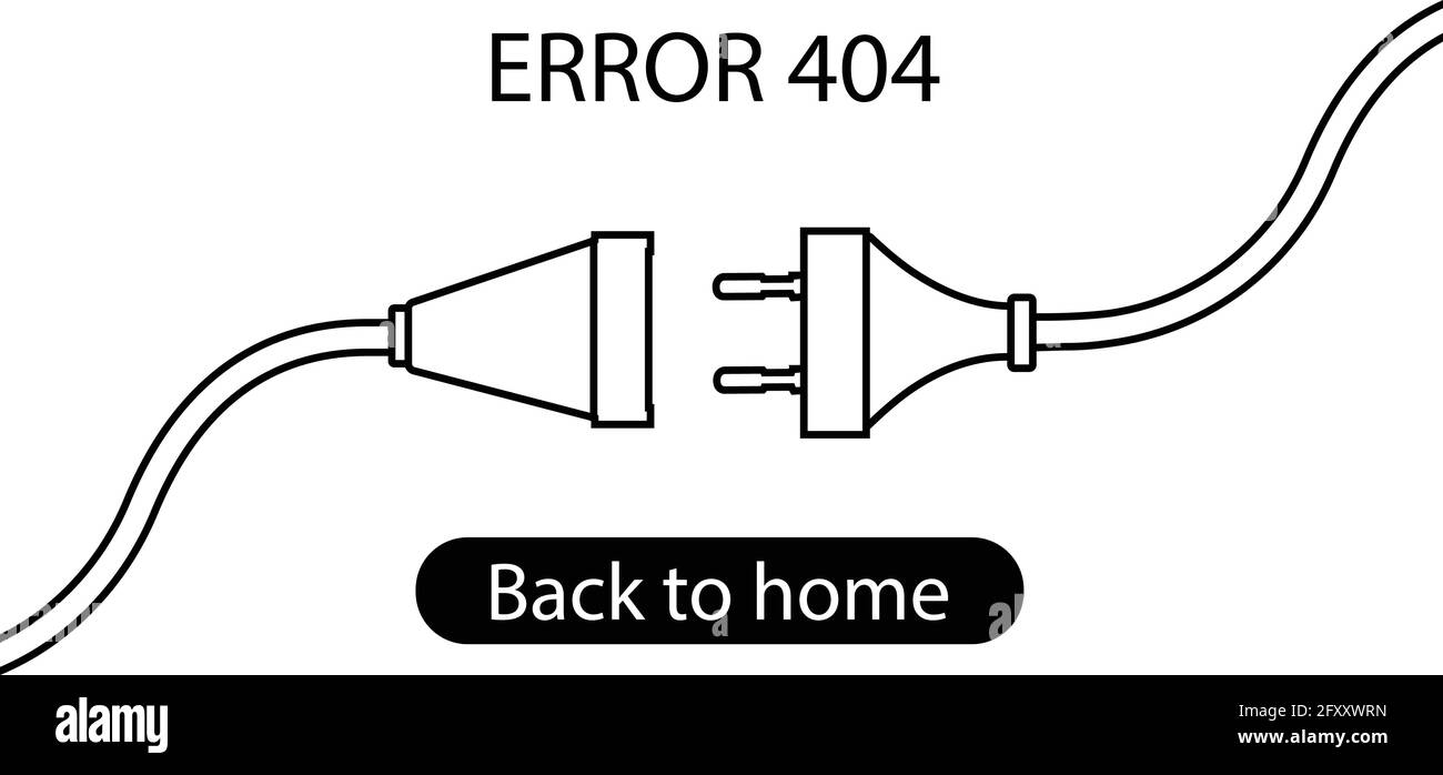 Vector Electric Plug and Socket Unplugged - errore design minimalistico linea piatta 404 su sfondo bianco. Concetto di banner web tema elettrico, discoteca Illustrazione Vettoriale