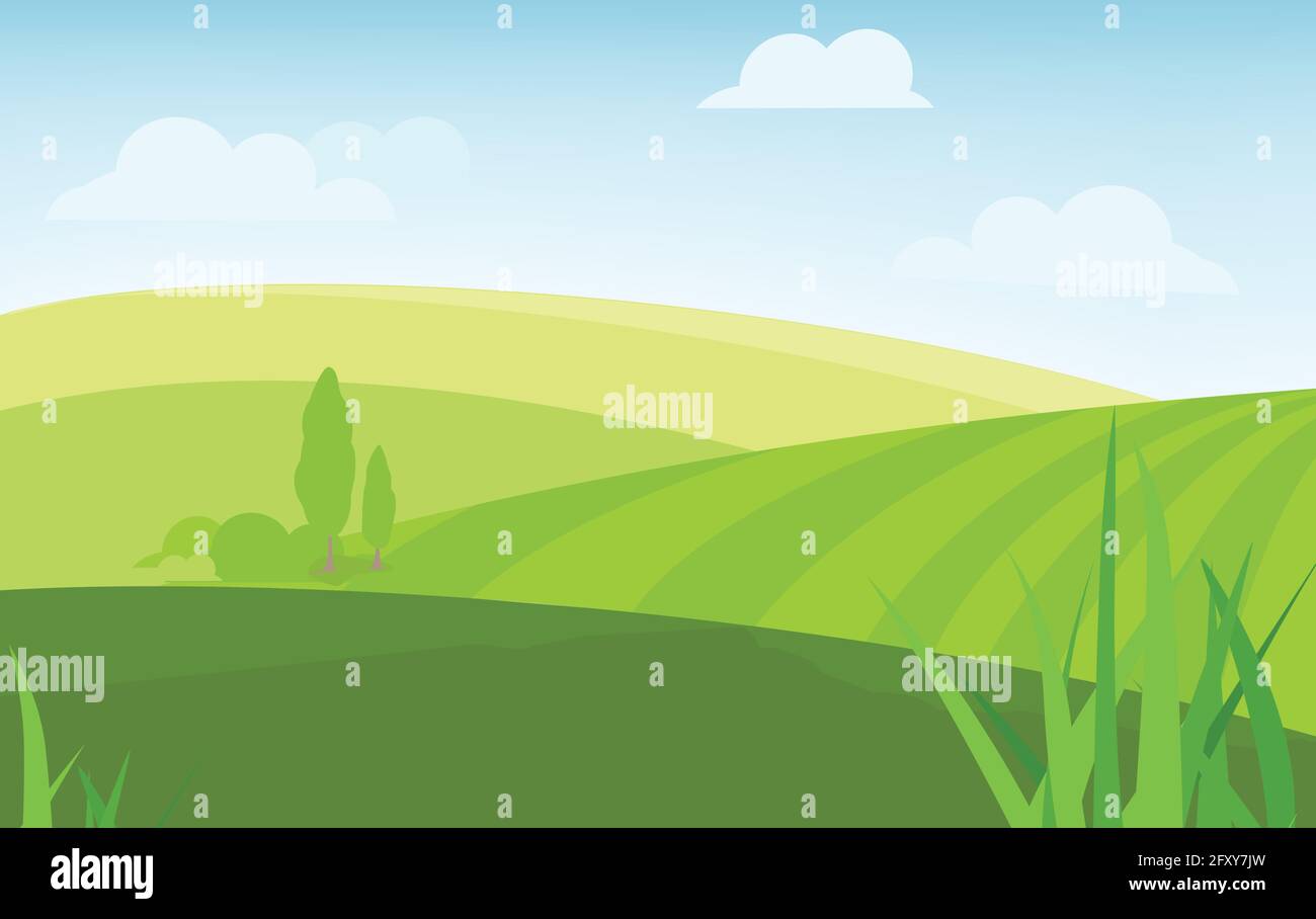 Illustrazione Vettoriale di bellissimi campi estivi paesaggio con un'alba, verdi colline, colore brillante blu cielo, paese di sfondo piatto in stile cartoon divieto Illustrazione Vettoriale
