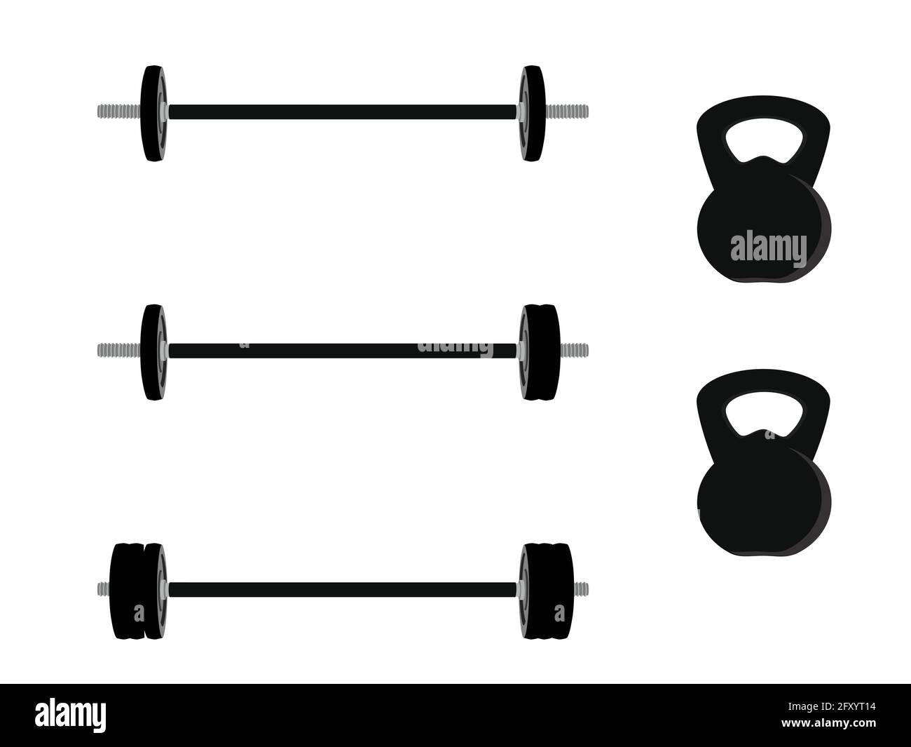 Manubrio nero e vettore kettlebell set. Sport fitness center. Peso attrezzatura di formazione del concetto. Illustrazione Vettoriale