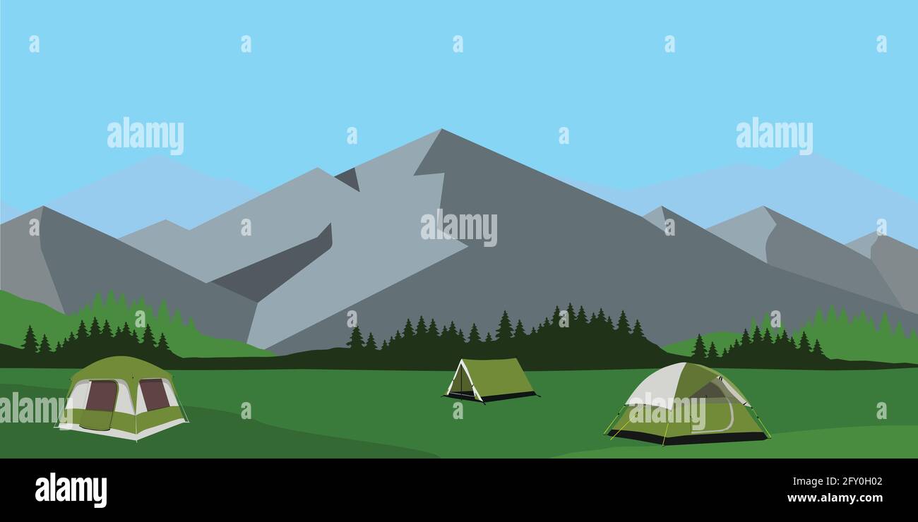 Giornata di sole illustrazione del paesaggio con tenda, montagne e foresta. Sfondo per il campo estivo, turismo naturalistico, campeggio o concetto di progettazione escursionistica. Illustrazione Vettoriale