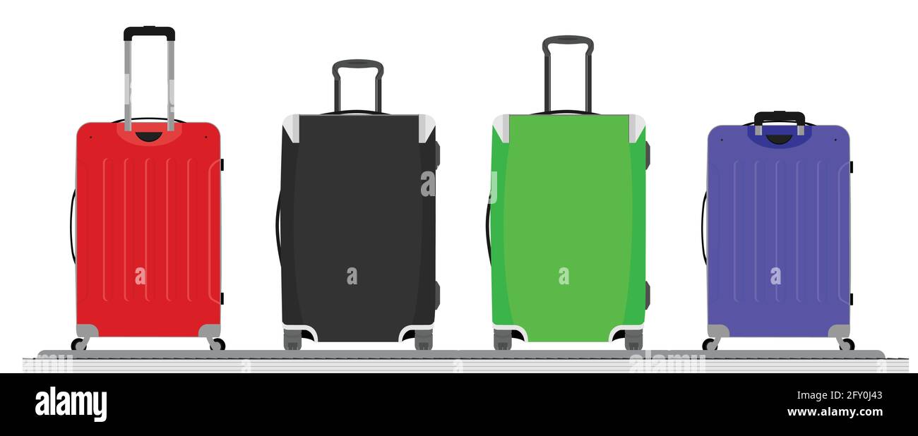 Diversi bagagli borsa sul nastro trasportatore. Il reclamo bagagli al terminal aeroporto borse da viaggio sfondo vettoriale. Concetto casa vacanza Illustrazione Vettoriale