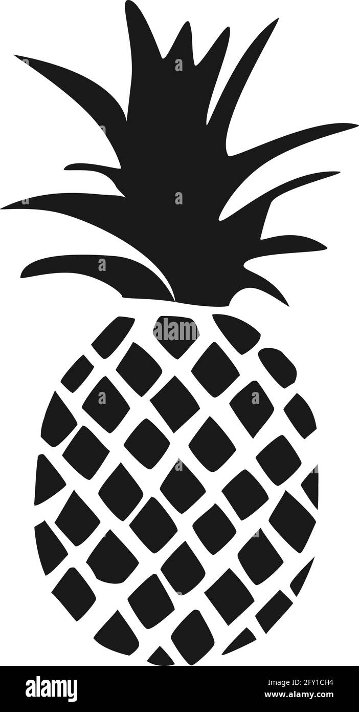 Ananas tropicale frutta silhouette nero isolato su sfondo bianco. Illustrazione Vettoriale