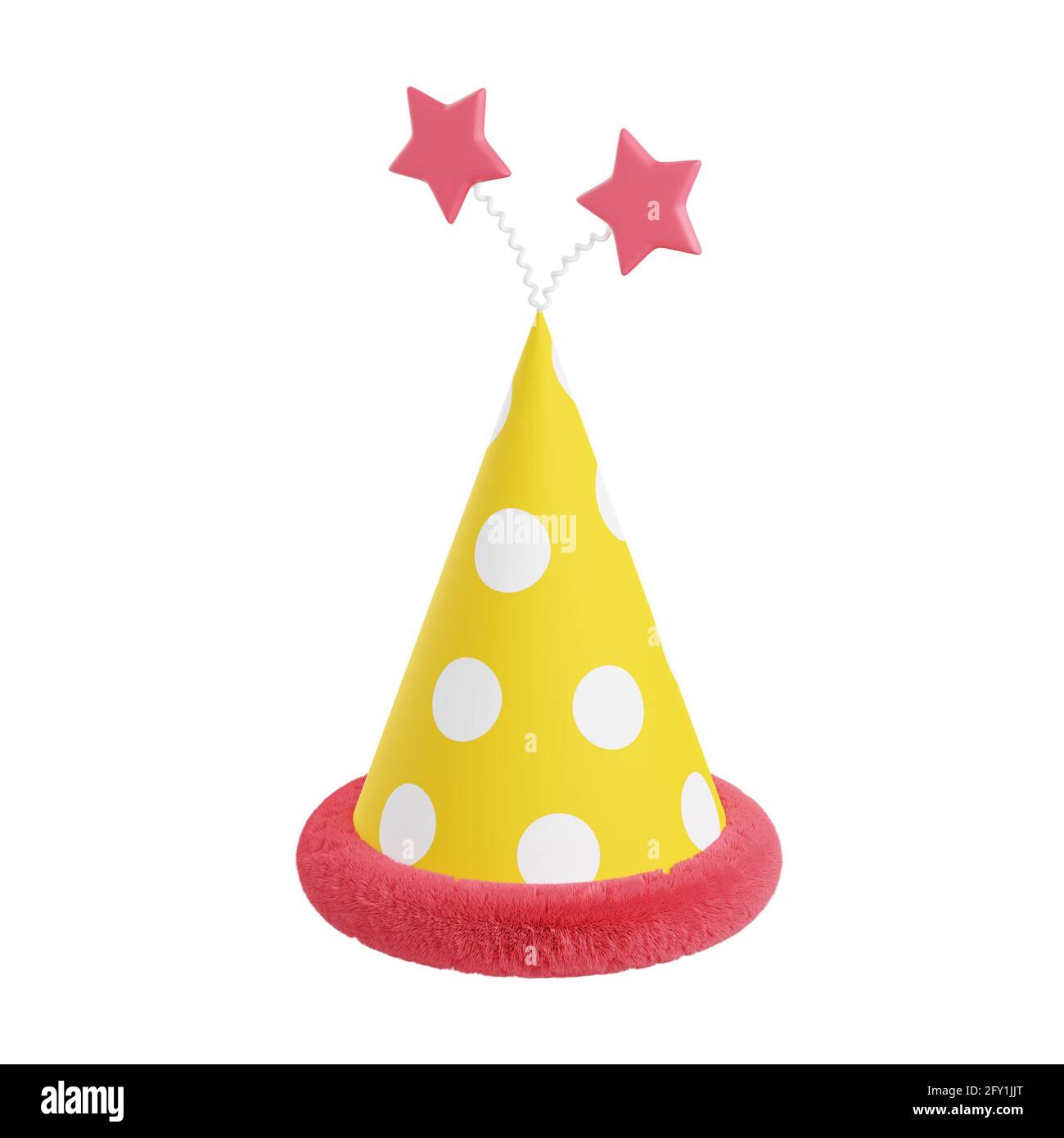 Illustrazione 3d Party Hat. Cono di carta giallo con puntini, decorazioni rosa e stelle per feste di compleanno o di festa Foto Stock
