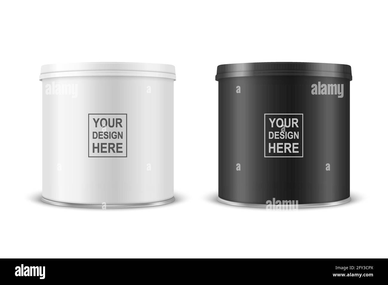 Vector 3d Realistic Blank White, lattina nera in metallo, alimenti in scatola, patata chips confezionamento con coperchio isolato su sfondo bianco. Di piccole dimensioni Illustrazione Vettoriale