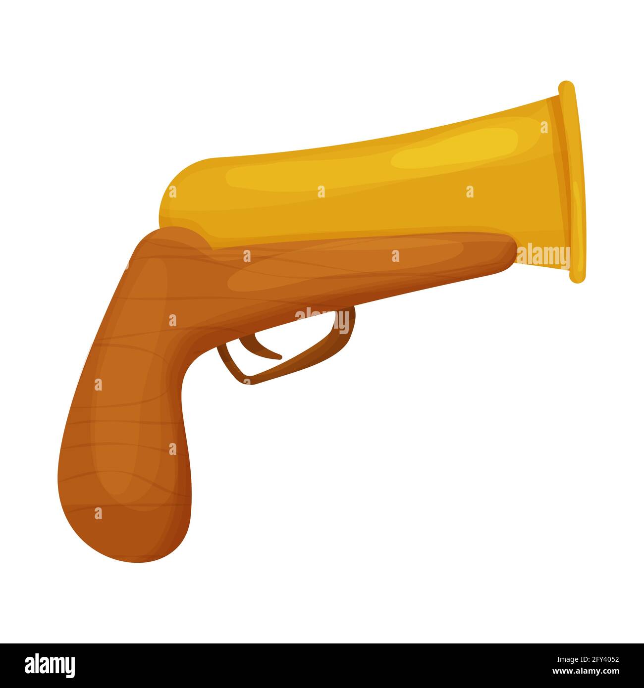Pistola a fumetti antichi, pistola pirata, arma retrò in stile cartone animato isolato su sfondo bianco. Materiale in legno e oro, oggetto dettagliato. Illusione vettoriale Illustrazione Vettoriale