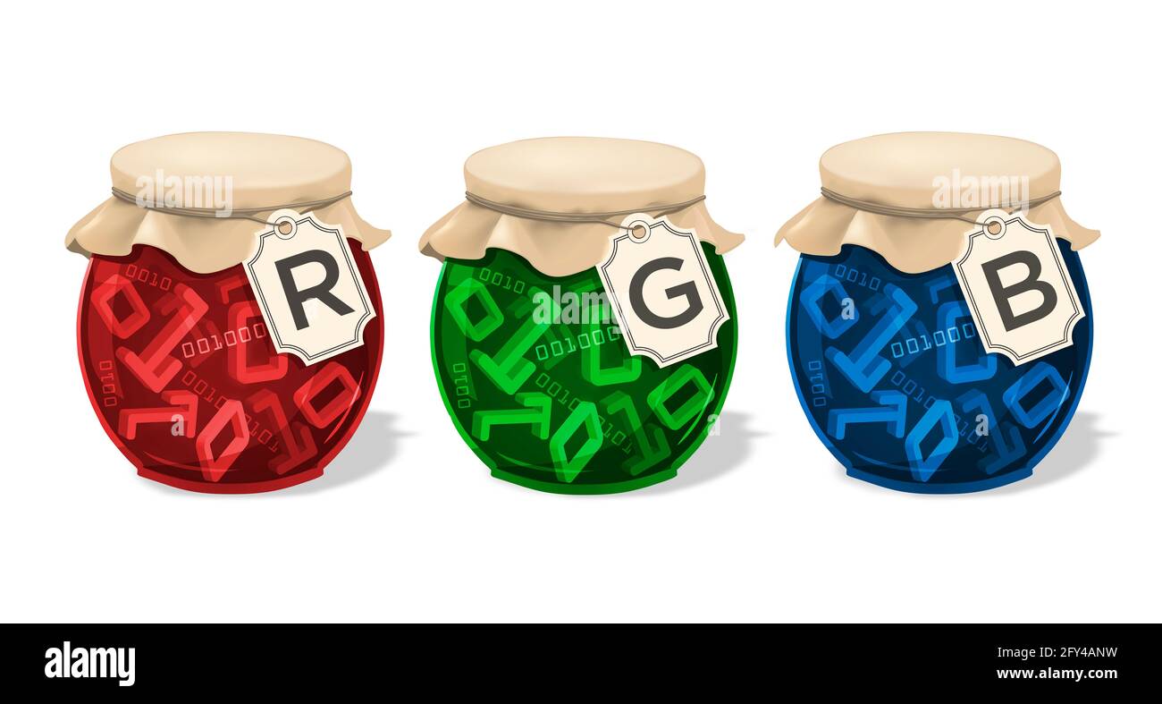 Modello colore RGB, JAM, concetto divertente vintage. Immagine di tre vaschette di vetro con codice binario simboli 3d ed etichette con testo RGB. Foto Stock
