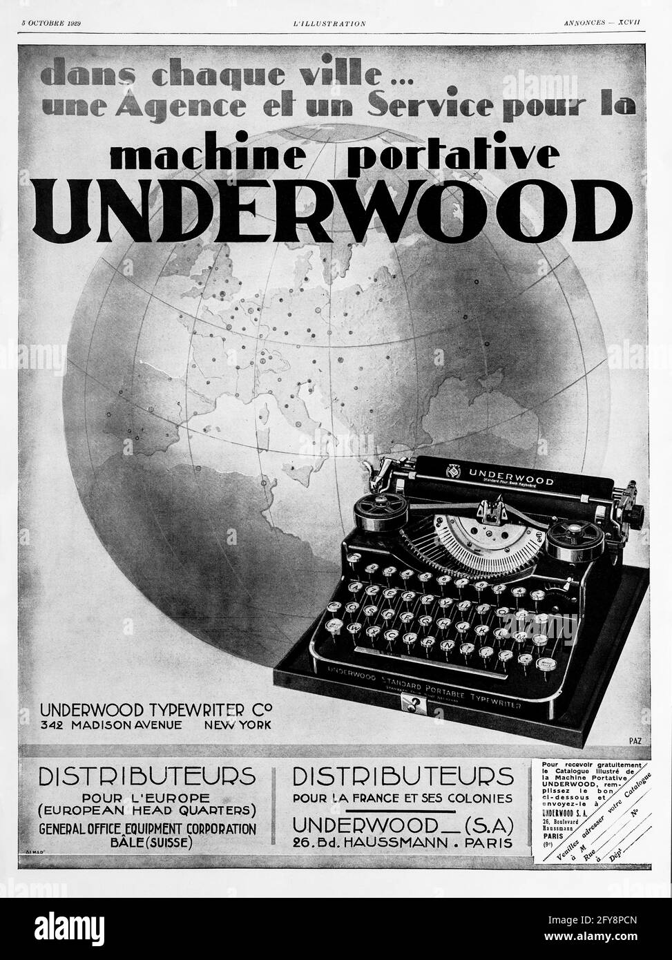 1929 annuncio della rivista francese l'Illustration per la macchina da ufficio portatile americana Underwood. Foto Stock