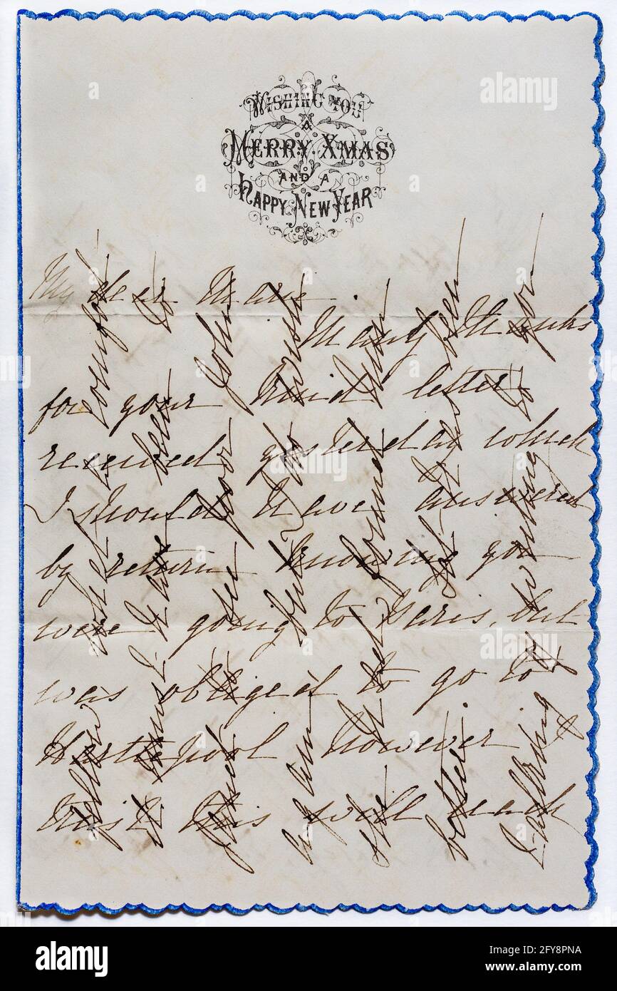 Lettera di auguri vittoriana di Natale e Capodanno spedita nel 1866 e scritta in 'cross writing' o 'cross hatching' per risparmiare carta e affrancatura. Foto Stock