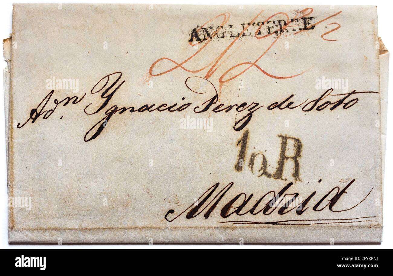 1820 foglio di lettera piegato di pre-bollo inviato da Londra a Madrid, Spagna, tassato 10 Reales. Foto Stock