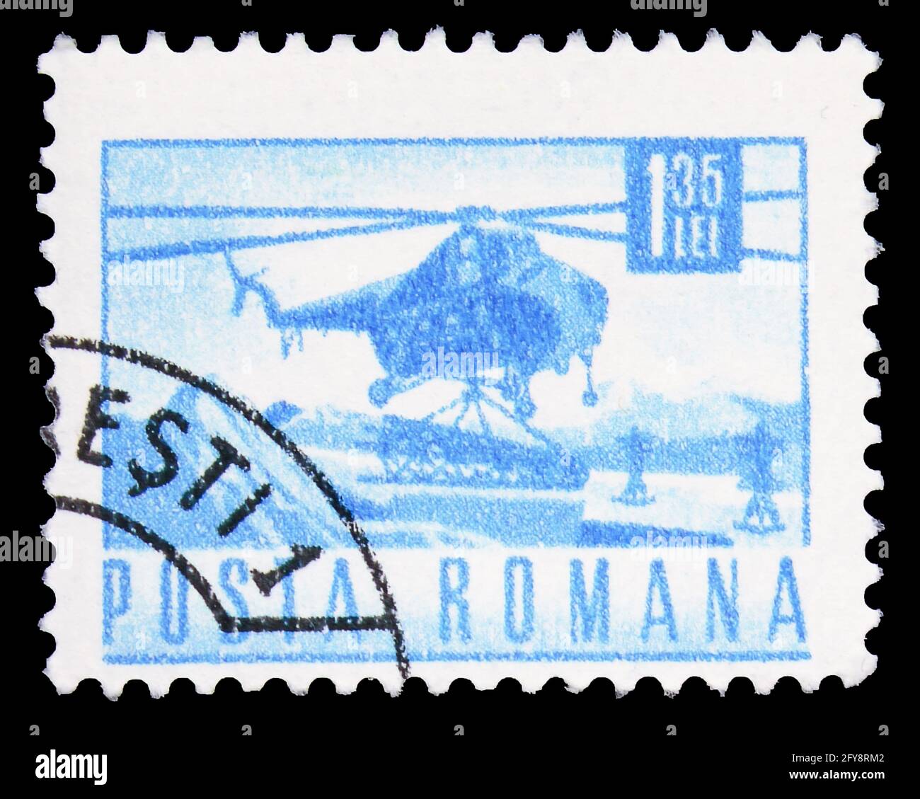 MOSCA, RUSSIA - 23 SETTEMBRE 2019: Francobollo stampato in Romania mostra MIL mi-3 Serie di elicotteri, postali e trasporti, circa 1971 Foto Stock