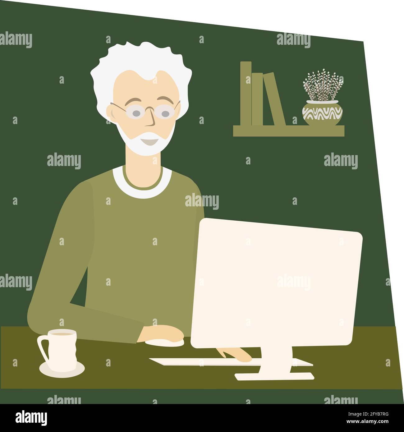 L'anziano lavora a casa. Freelance anziano che utilizza il computer. Concetto di lavoro freelance per tutti. Illustrazione vettoriale isolata Illustrazione Vettoriale