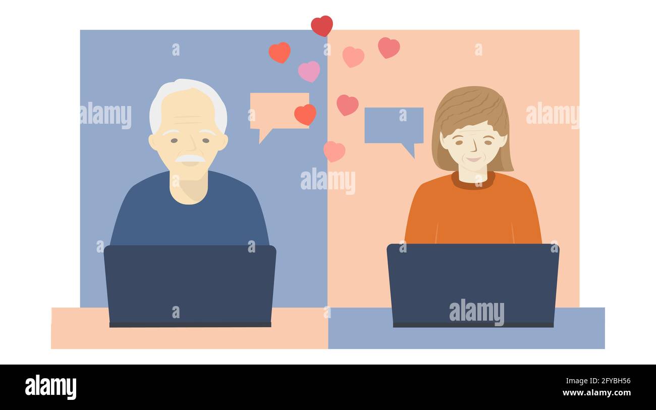 Persone anziane che utilizzano un computer portatile. Uomo e donna che parlano in videochiamata e chattando. Online dating concetto. Video riunione. Illustrazione vettoriale isolata su un Illustrazione Vettoriale