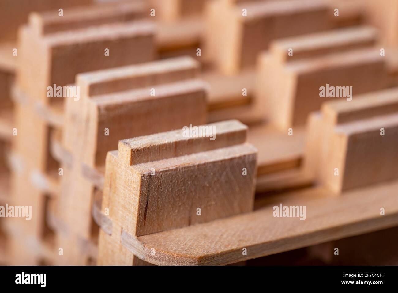 Pezzi di legno fresati e preparati per incollaggio. Materiale di legno usato per costruire mobili. Sfondo chiaro. Foto Stock