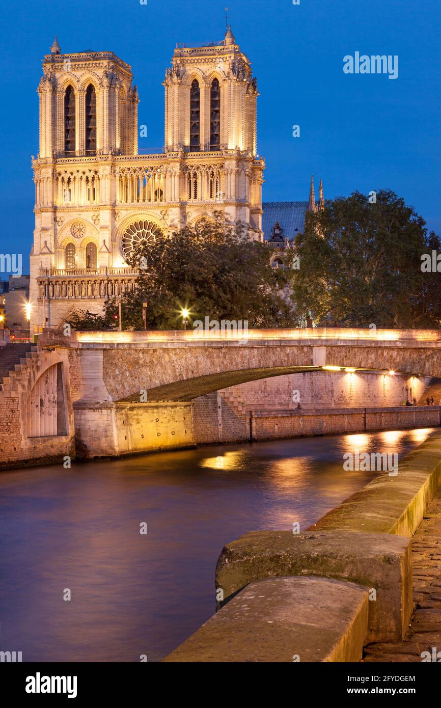 Twilight lungo le rive del Fiume Senna sotto la cattedrale di Notre Dame di Parigi Francia Foto Stock