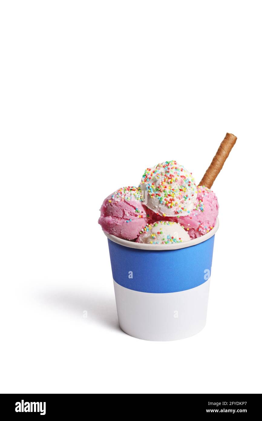 Il gelato si raccoglie in una tazza di carta con coloratissime spruzzette e un bastone di wafer di cioccolato isolato su sfondo bianco Foto Stock