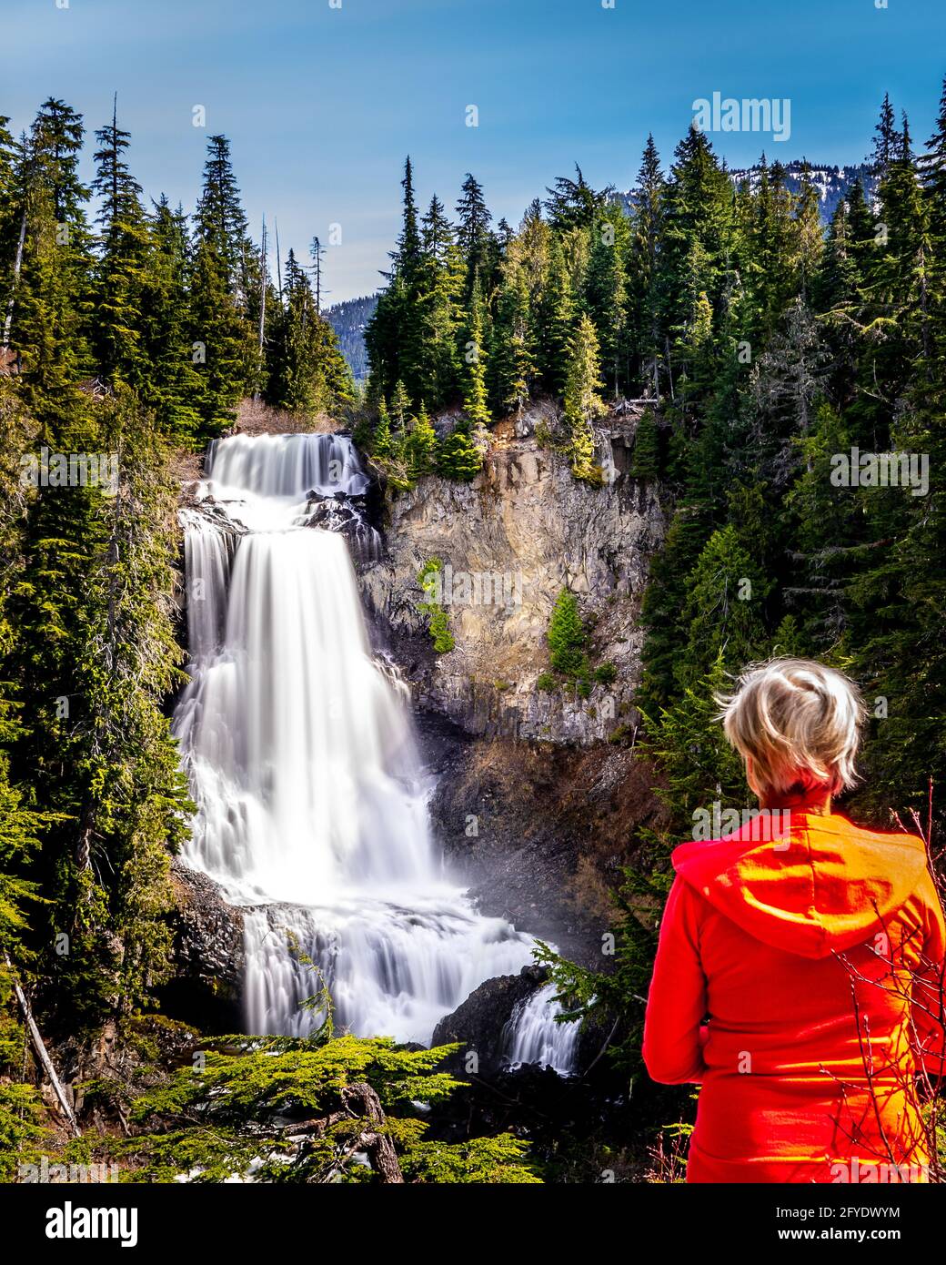 Donna anziana che guarda le Smooth Alexander Falls, una cascata sul Madeley Creek, nella Callaghan Valley vicino a Whistler British Columbia, Canada Foto Stock