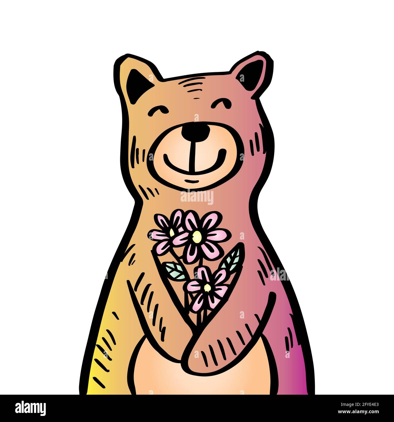 Orso carino con fiore. Illustrazione del disegno a mano. Foto Stock