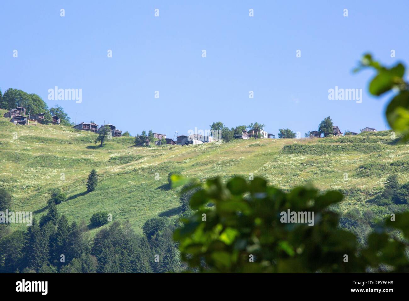 Vista rara e suggestiva sulle montagne della Turchia adornata da alberi verdi. Incontrando il cielo nuvoloso, crea una scena incredibile. Foto Stock