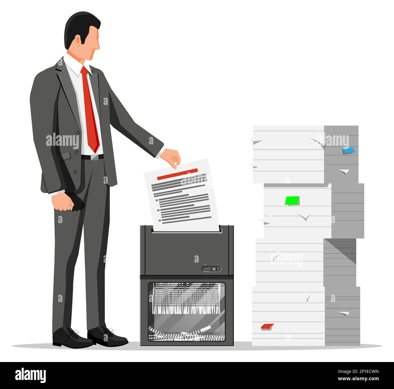 Man Office Worker che distrugge documenti. Illustrazione Vettoriale