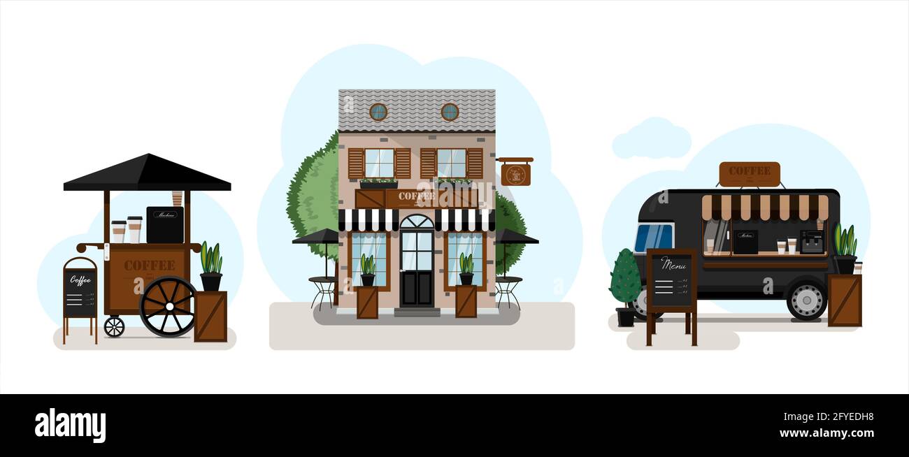 Set da caffè. Illustrazione vettoriale esterna della caffetteria. Design piatto della facciata. Camion Street food con fornello. Carrello di strada che vende caffè. Portatile Illustrazione Vettoriale