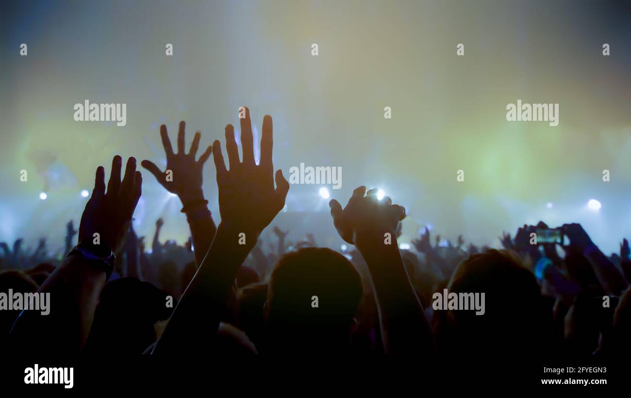 Concerto Festival di musica e celebrare. Party People Rock Concert. Folla felice e gioiosa e applauding o clapping. Festa festiva festival Foto Stock